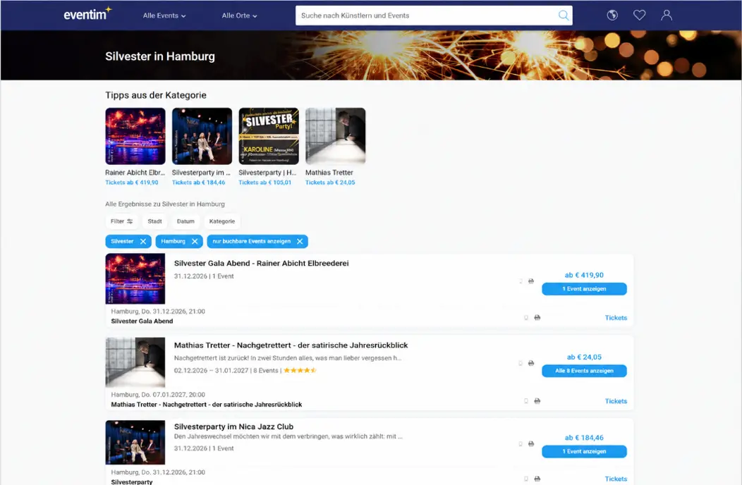 Screenshot der EVENTIM-Kategorieseite „Silvester in Hamburg“ mit verschiedenen Silvesterveranstaltungen und Ticketangeboten.