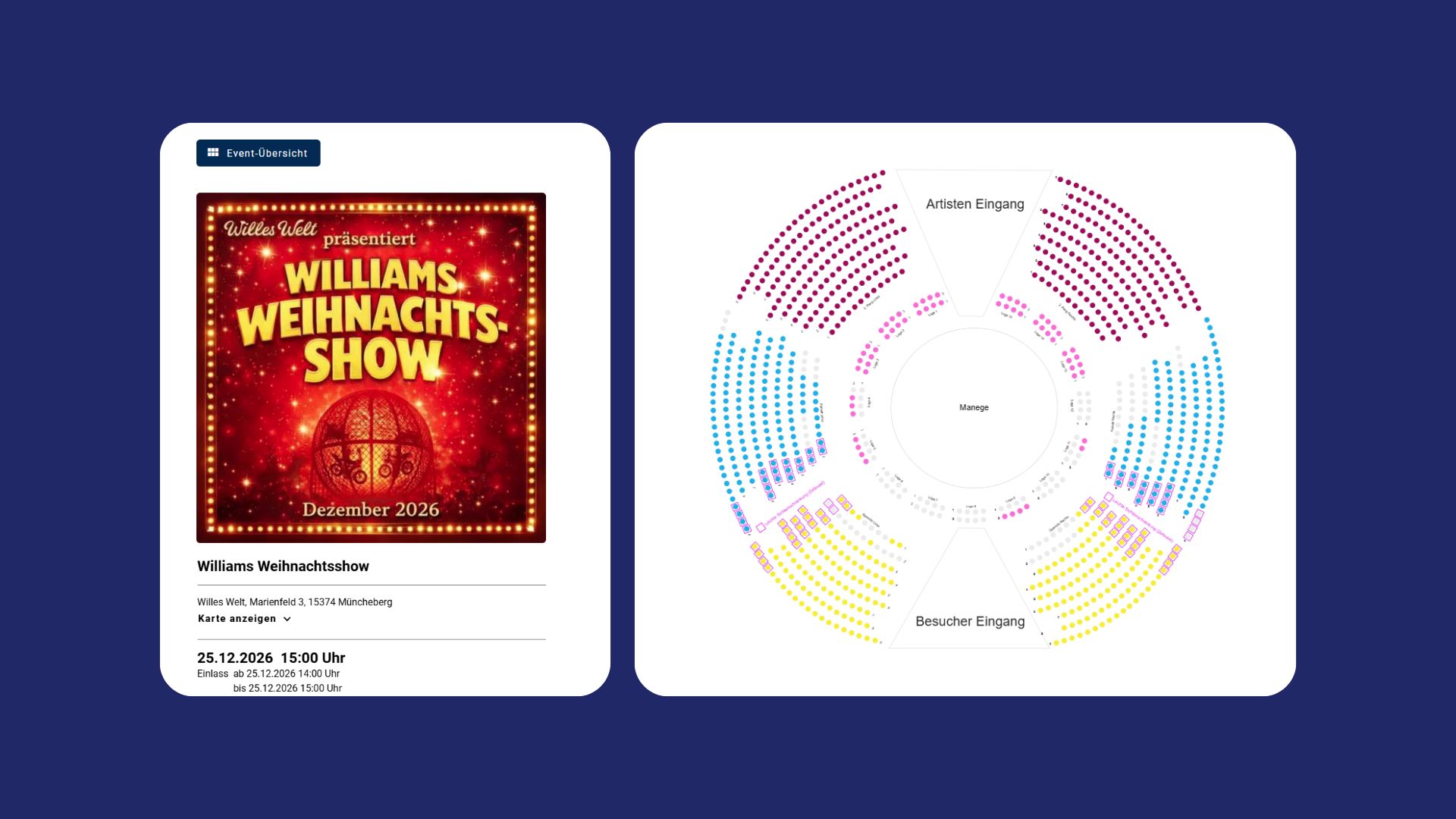 Screenshot von EVENTIM.Light mit den Details und dem kreisförmigen Zirkus-Saalplan der „Williams Weihnachtsshow“ von Willes Welt.